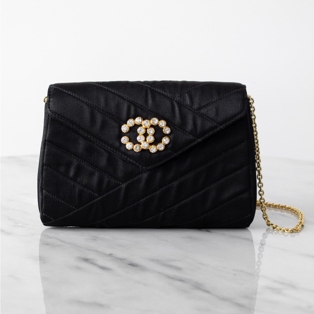Chanel Vintage 1992 Black Gold Crystal Embellished CC Satin Diagonal Evening Bag